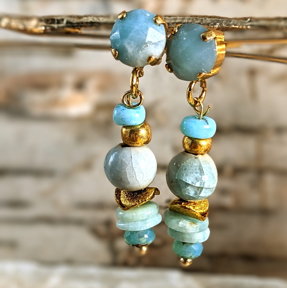 Natural Amazonite & Blue Porcelain In Handmade Artisan Gold Plated Earrings